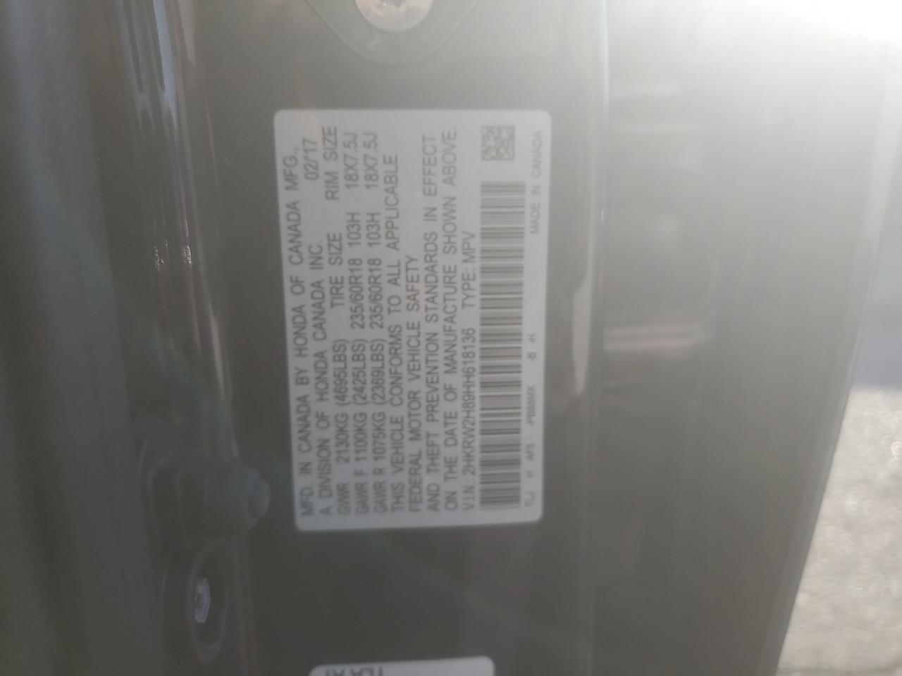 2017 Honda Cr-V Exl VIN: 2HKRW2H89HH618136 Lot: 81778965