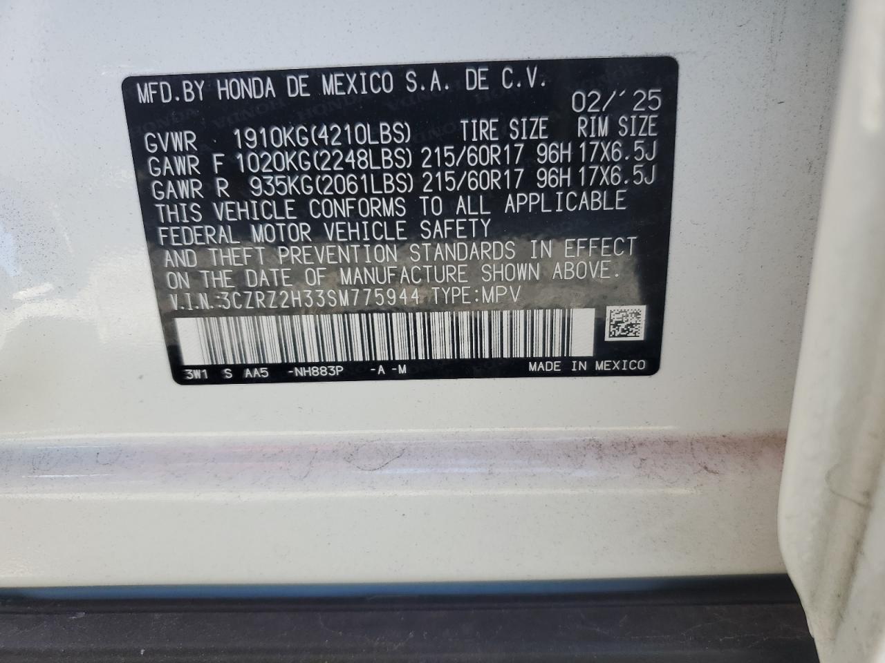 2025 Honda Hr-V Lx VIN: 3CZRZ2H33SM775944 Lot: 70830085