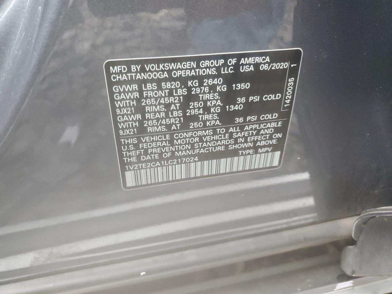 2020 Volkswagen Atlas Cross Sport Sel Premium R-Line VIN: 1V2TE2CA1LC217024 Lot: 80982955