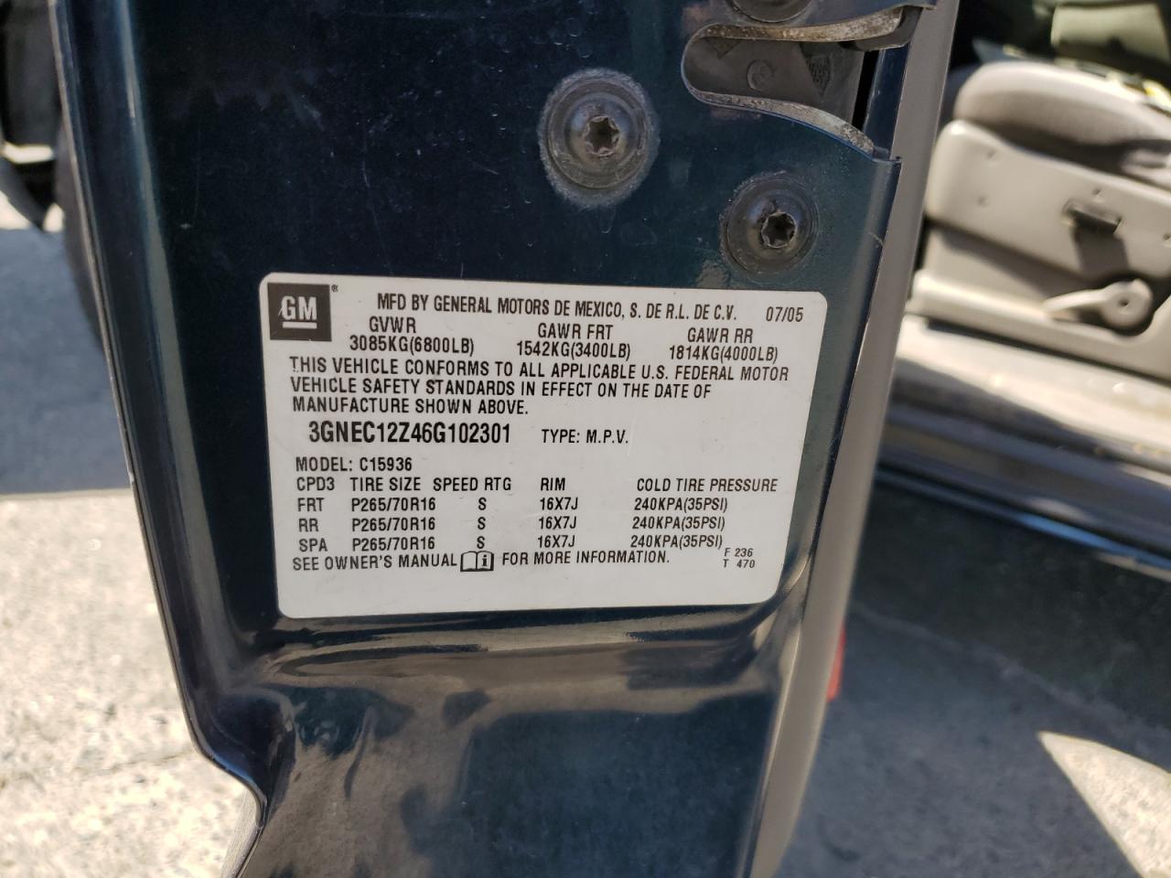 2006 Chevrolet Avalanche C1500 VIN: 3GNEC12Z46G102301 Lot: 71643535