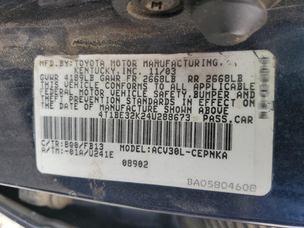 2004 Toyota Camry Le VIN: 4T1BE32K24U288673 Lot: 70783355