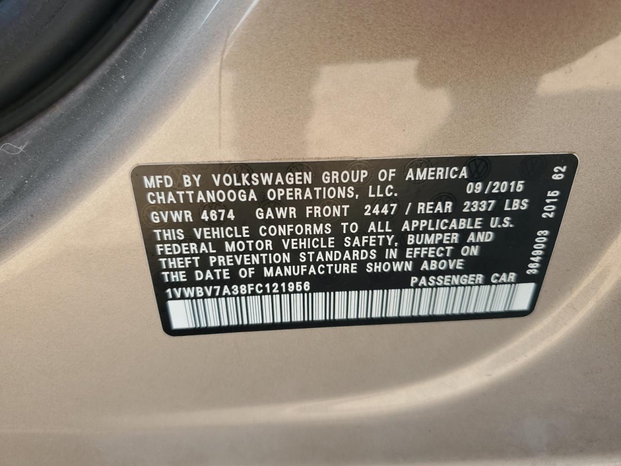 2015 Volkswagen Passat Se VIN: 1VWBV7A38FC121956 Lot: 84760965