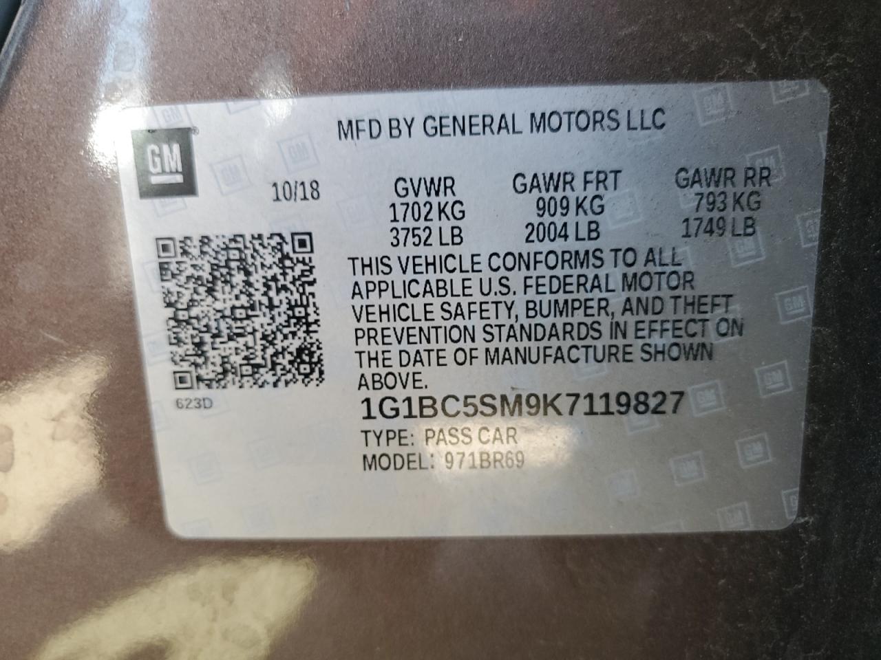 2019 Chevrolet Cruze Ls VIN: 1G1BC5SM9K7119827 Lot: 84706685