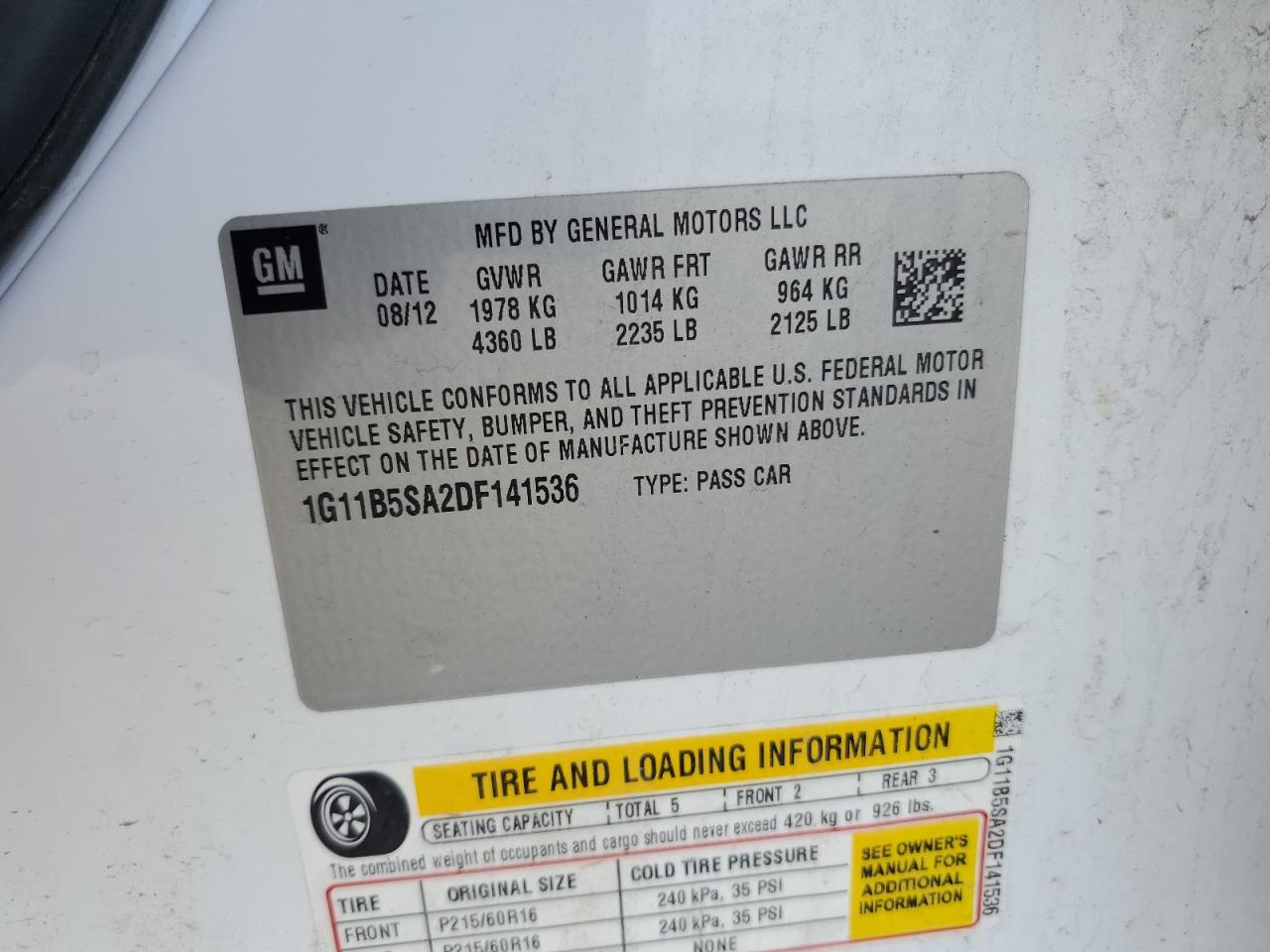 2013 Chevrolet Malibu Ls VIN: 1G11B5SA2DF141536 Lot: 80575205