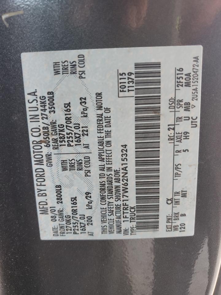 2002 Ford F150 VIN: 1FTRF17W62NA15324 Lot: 84410965