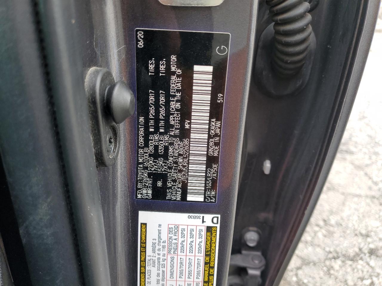 2020 Toyota 4Runner Sr5 VIN: JTEZU5JRXL5226085 Lot: 81752315