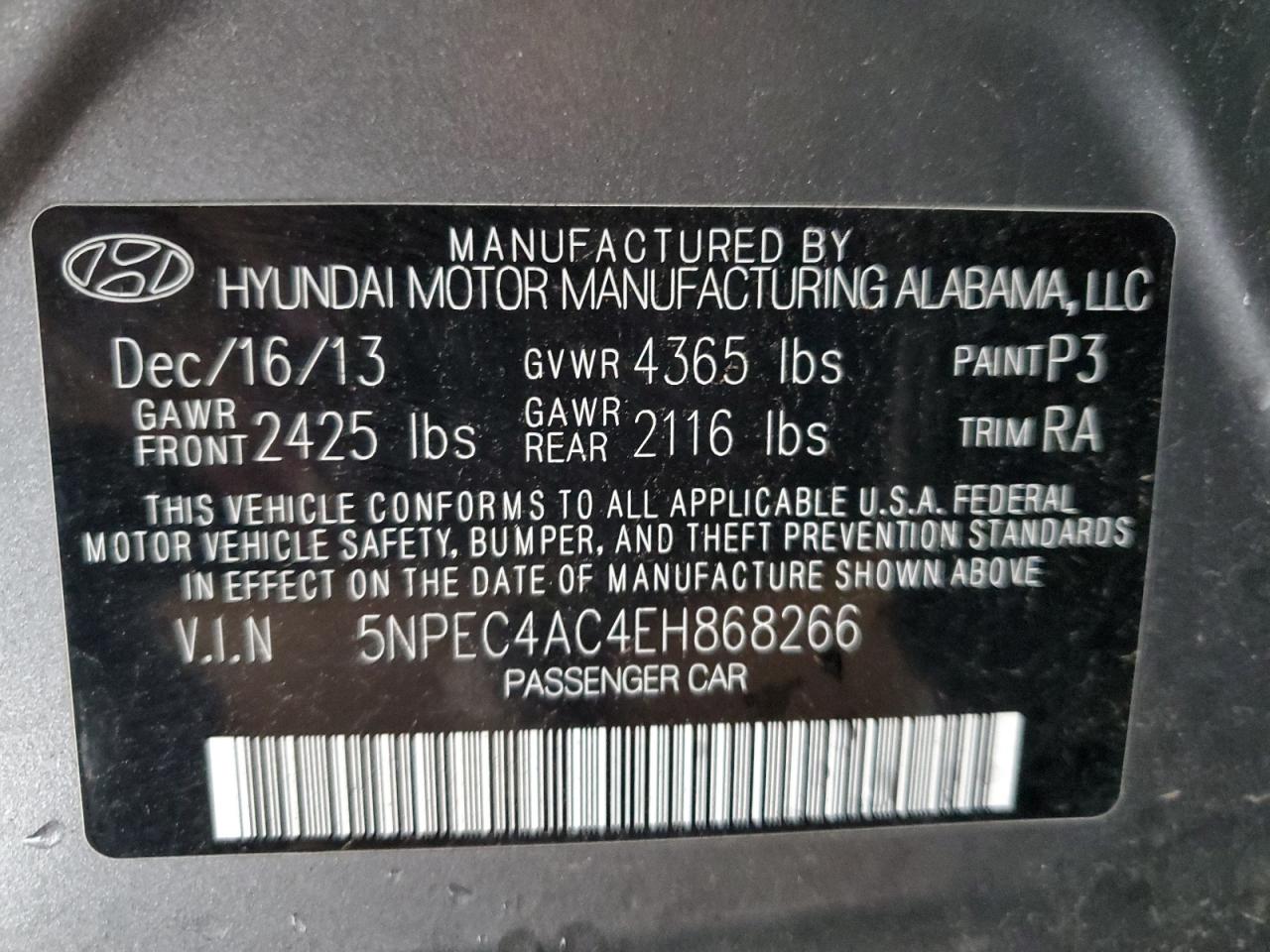 2014 Hyundai Sonata Se VIN: 5NPEC4AC4EH868266 Lot: 82165615