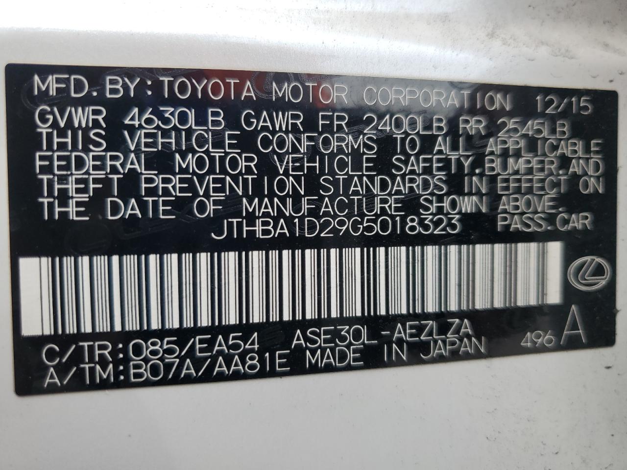 2016 Lexus Is 200T VIN: JTHBA1D29G5018323 Lot: 81153535