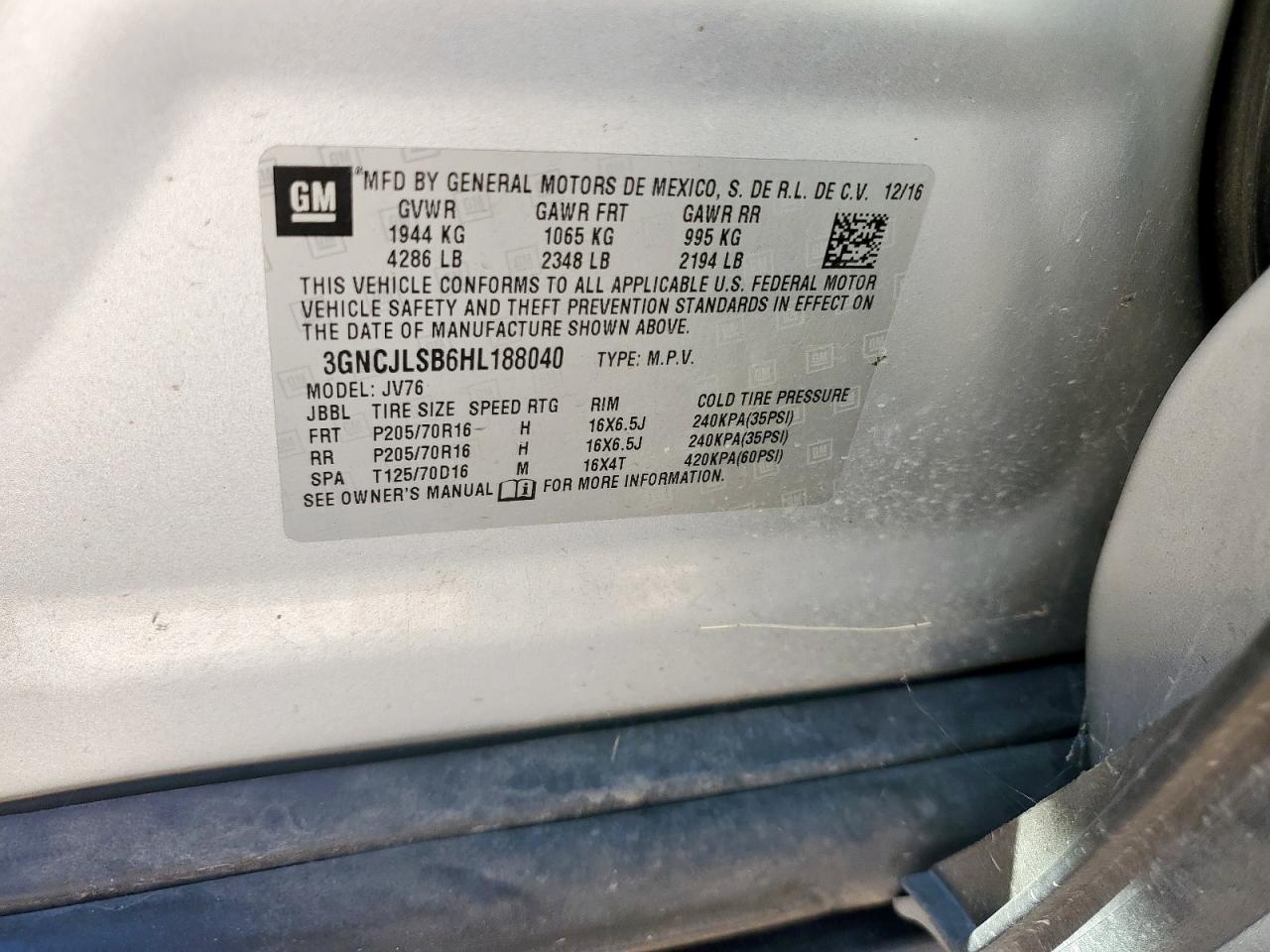 2017 Chevrolet Trax 1Lt VIN: 3GNCJLSB6HL188040 Lot: 71266715