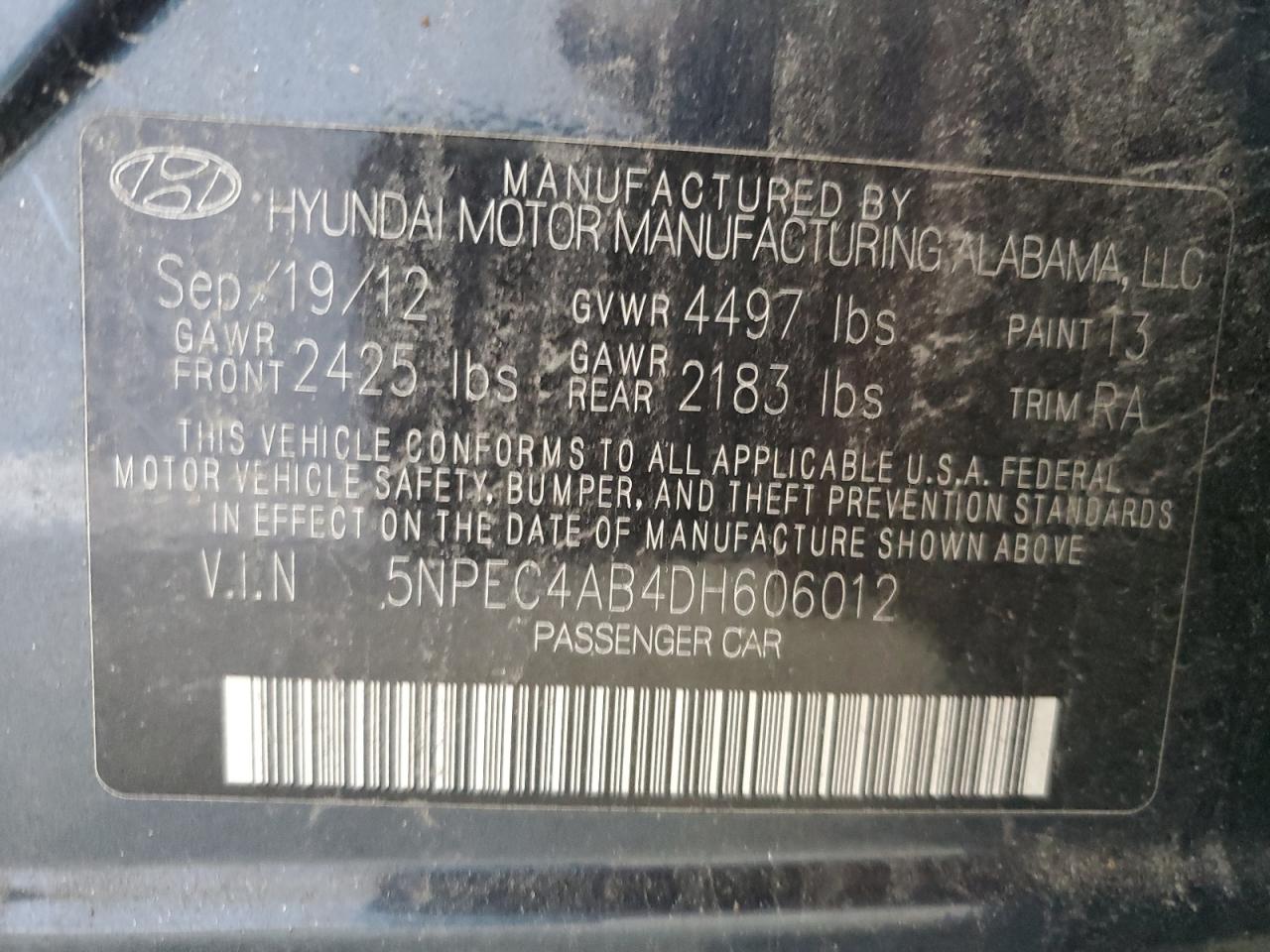 2013 Hyundai Sonata Se VIN: 5NPEC4AB4DH606012 Lot: 71057685