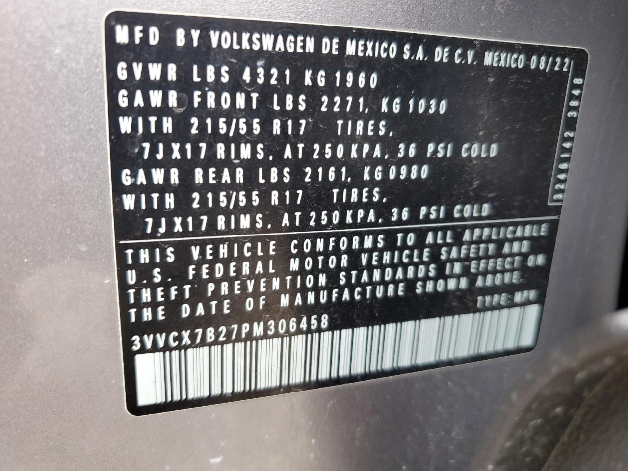 2023 Volkswagen Taos S VIN: 3VVCX7B27PM306458 Lot: 81187495