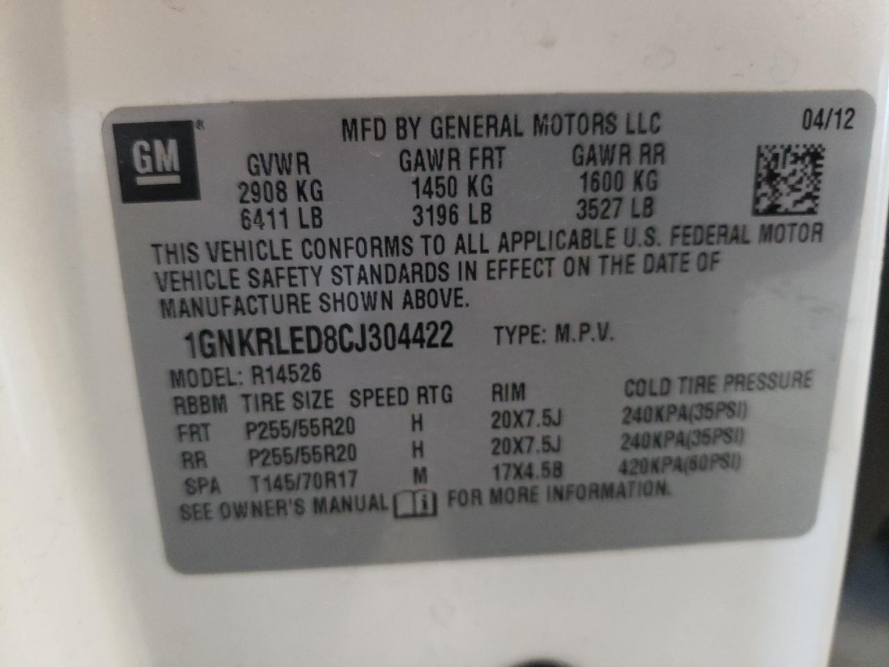 2012 Chevrolet Traverse Ltz VIN: 1GNKRLED8CJ304422 Lot: 83861545