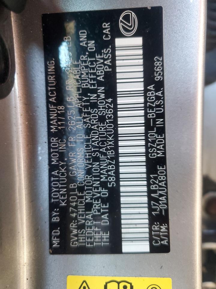 2019 Lexus Es 350 VIN: 58ABZ1B1XKU013624 Lot: 80257735