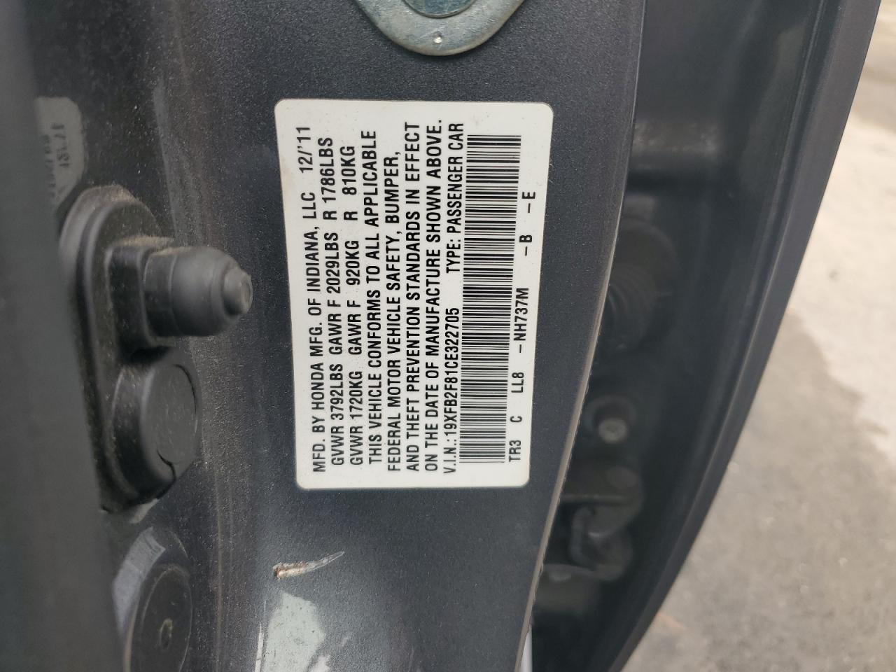 2012 Honda Civic Ex VIN: 19XFB2F81CE322705 Lot: 84042695