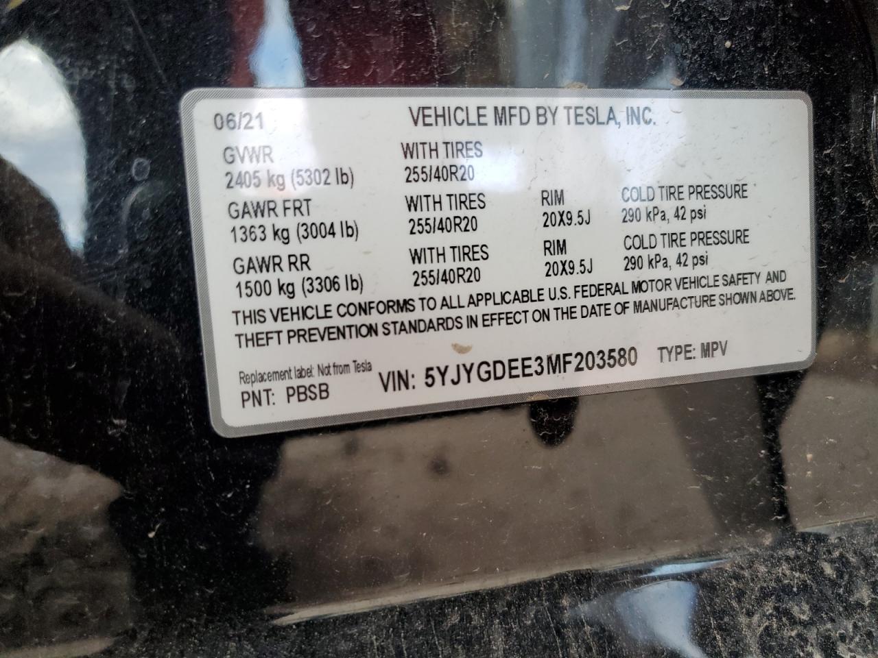 2021 Tesla Model Y VIN: 5YJYGDEE3MF203580 Lot: 83852265