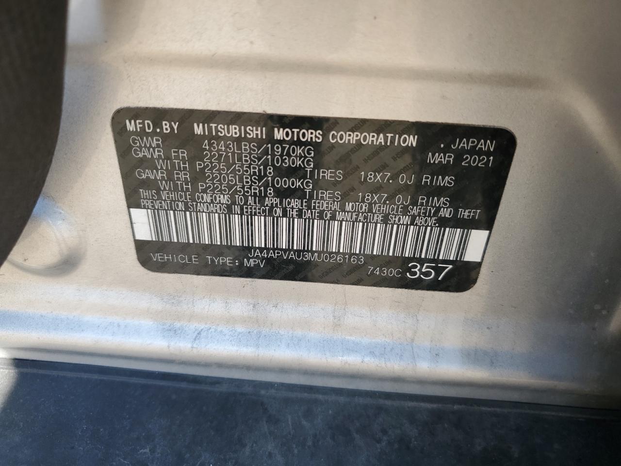 2021 Mitsubishi Outlander Sport Se VIN: JA4APVAU3MU026163 Lot: 84285435