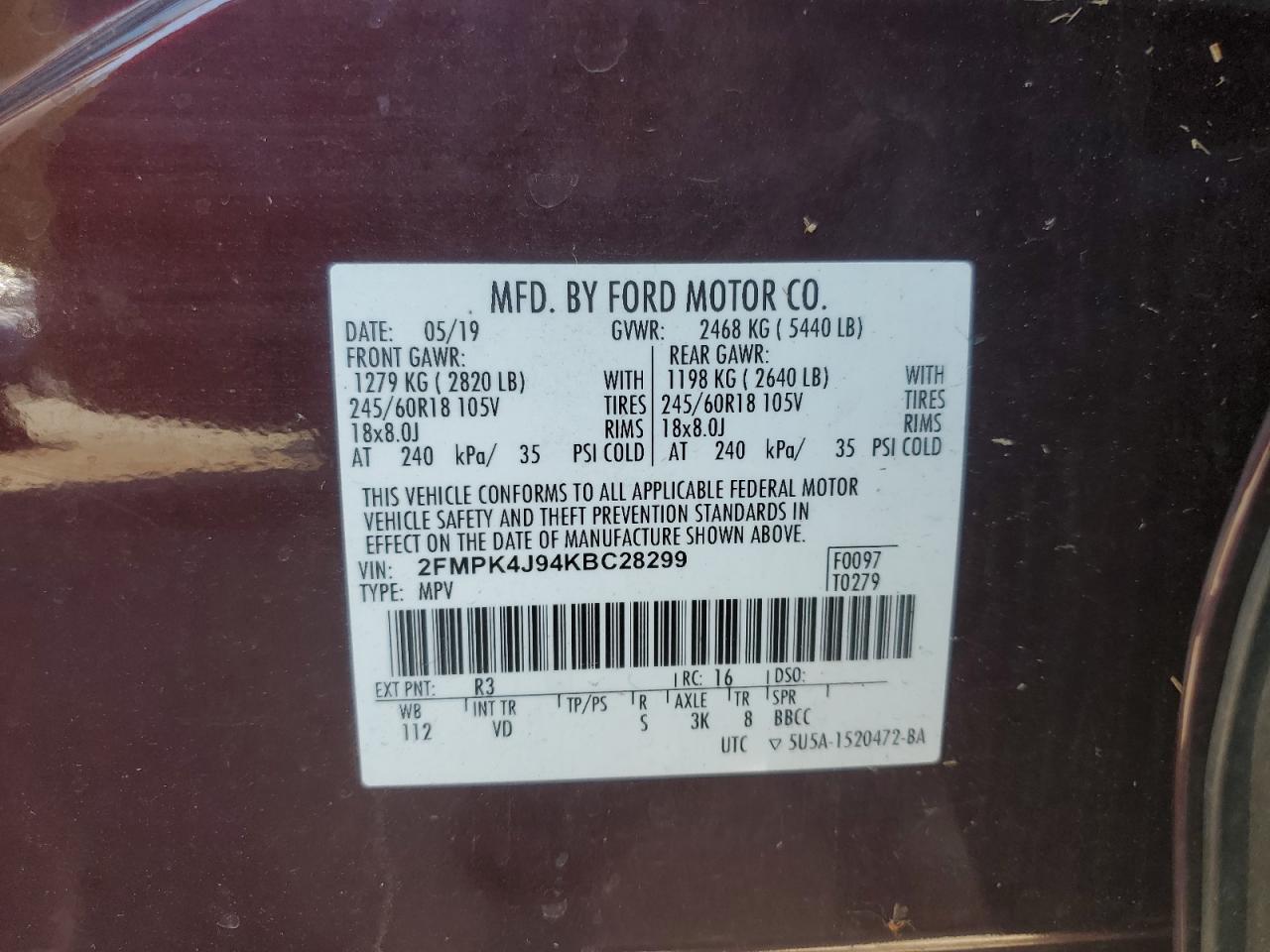 2019 Ford Edge Sel VIN: 2FMPK4J94KBC28299 Lot: 71167195