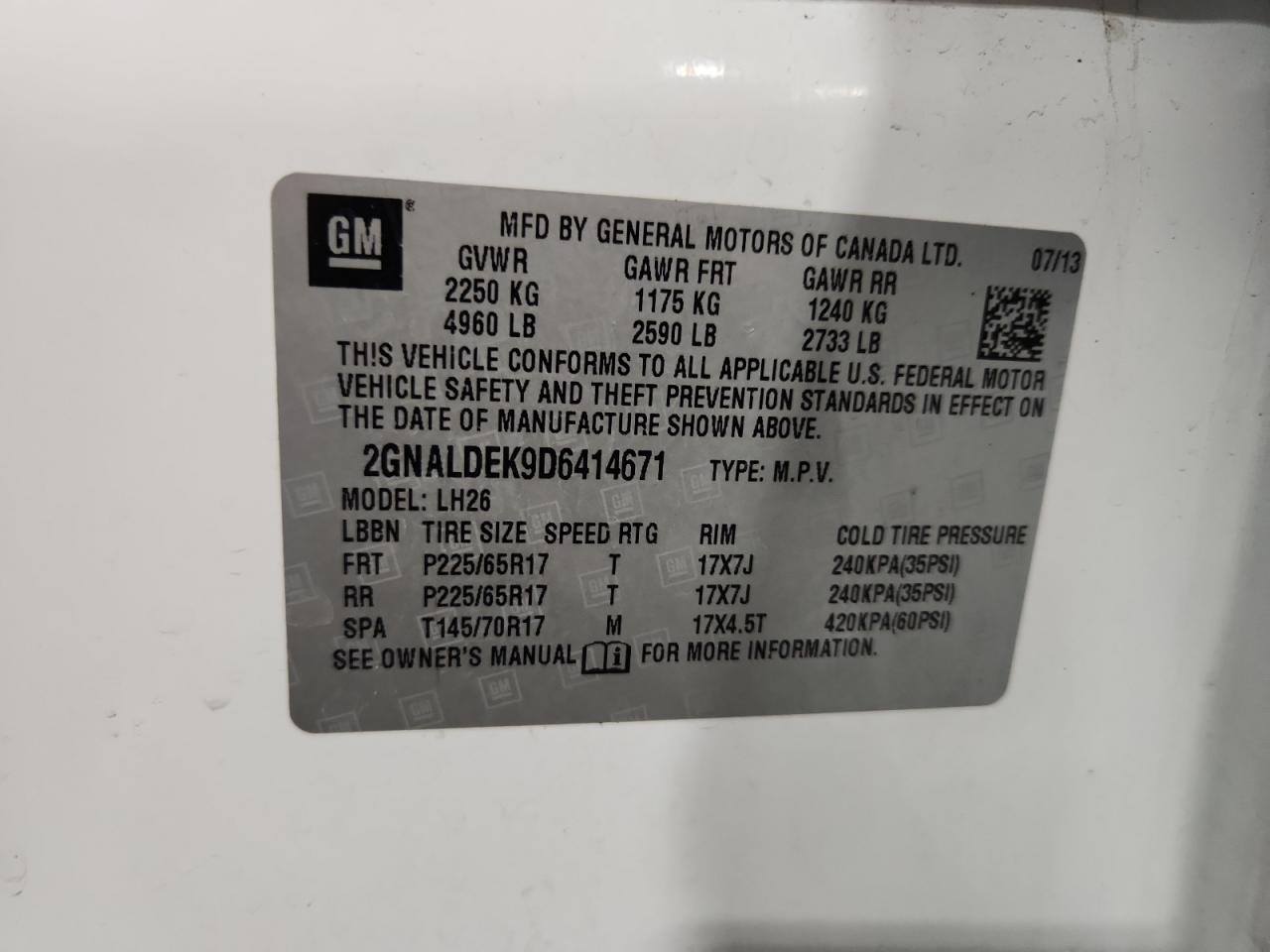 2013 Chevrolet Equinox Lt VIN: 2GNALDEK9D6414671 Lot: 80541275