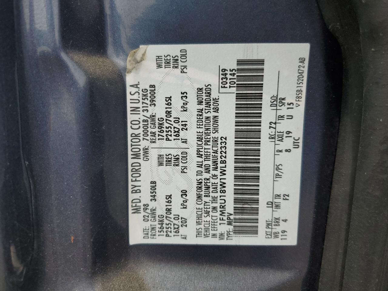 1998 Ford Expedition VIN: 1FMRU18W1WLB22332 Lot: 81282955