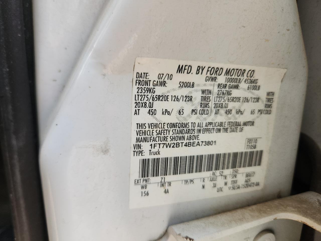 2011 Ford F250 Super Duty VIN: 1FT7W2BT4BEA73801 Lot: 82162865