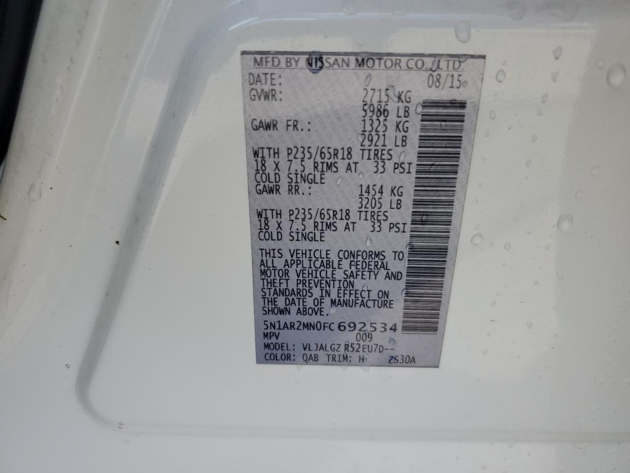 2015 Nissan Pathfinder S VIN: 5N1AR2MN0FC692534 Lot: 80114805