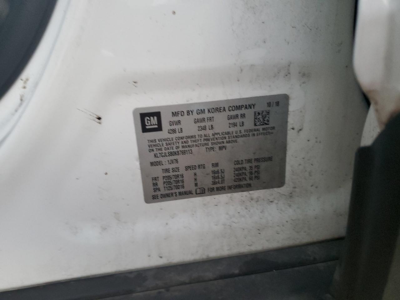 2019 Chevrolet Trax 1Lt VIN: KL7CJLSB0KB769113 Lot: 81595185