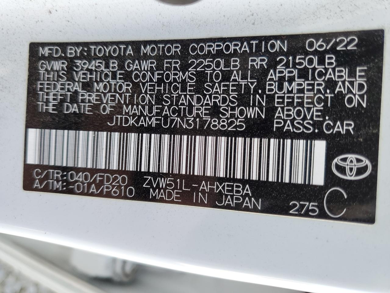 2022 Toyota Prius Night Shade VIN: JTDKAMFU7N3178825 Lot: 81796495