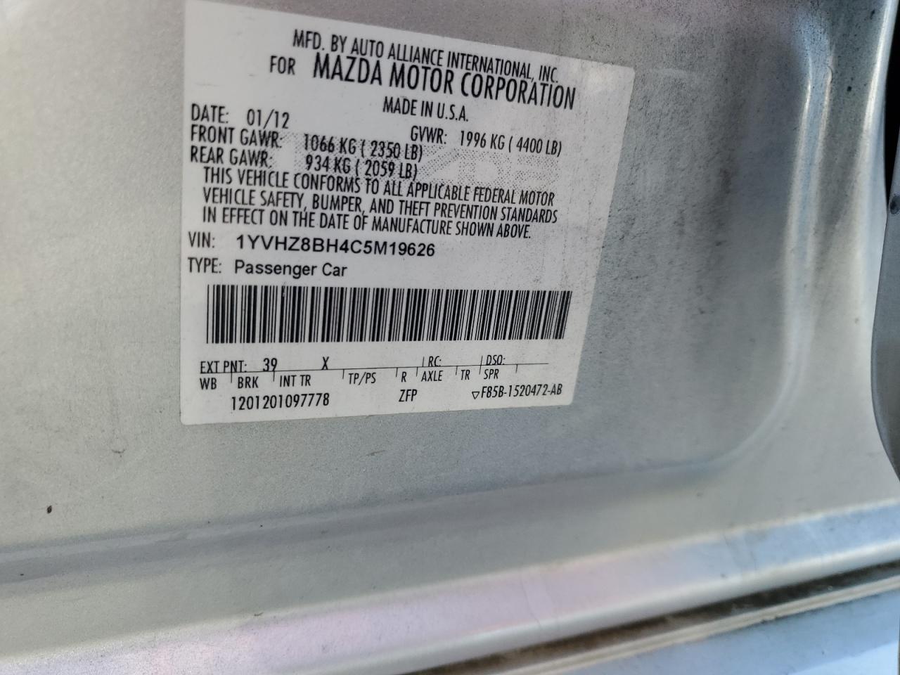 2012 Mazda 6 I VIN: 1YVHZ8BH4C5M19626 Lot: 81843765