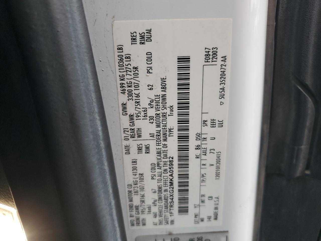 2021 Ford Transit T- - Delivery Van VIN: 1FTRS4XG2MKA05982 Lot: 84752355