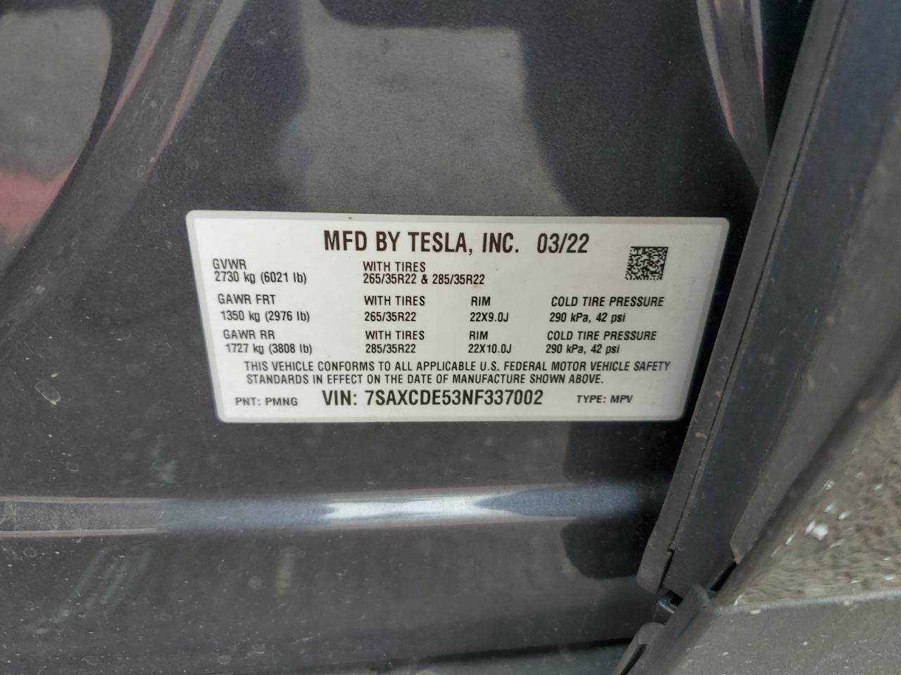 2022 Tesla Model X VIN: 7SAXCDE53NF337002 Lot: 70912525