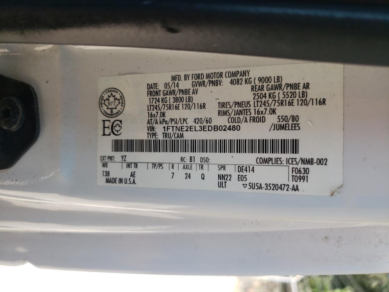 2014 Ford Econoline E250 Van VIN: 1FTNE2EL3EDB02480 Lot: 81071995