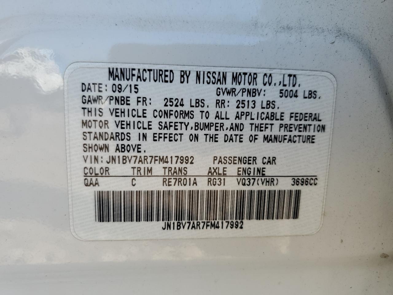 2015 Infiniti Q50 Base VIN: JN1BV7AR7FM417992 Lot: 84238885