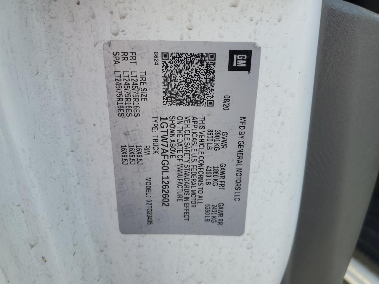 2020 GMC Savana G2500 VIN: 1GTW7AFG0L1262602 Lot: 82089595