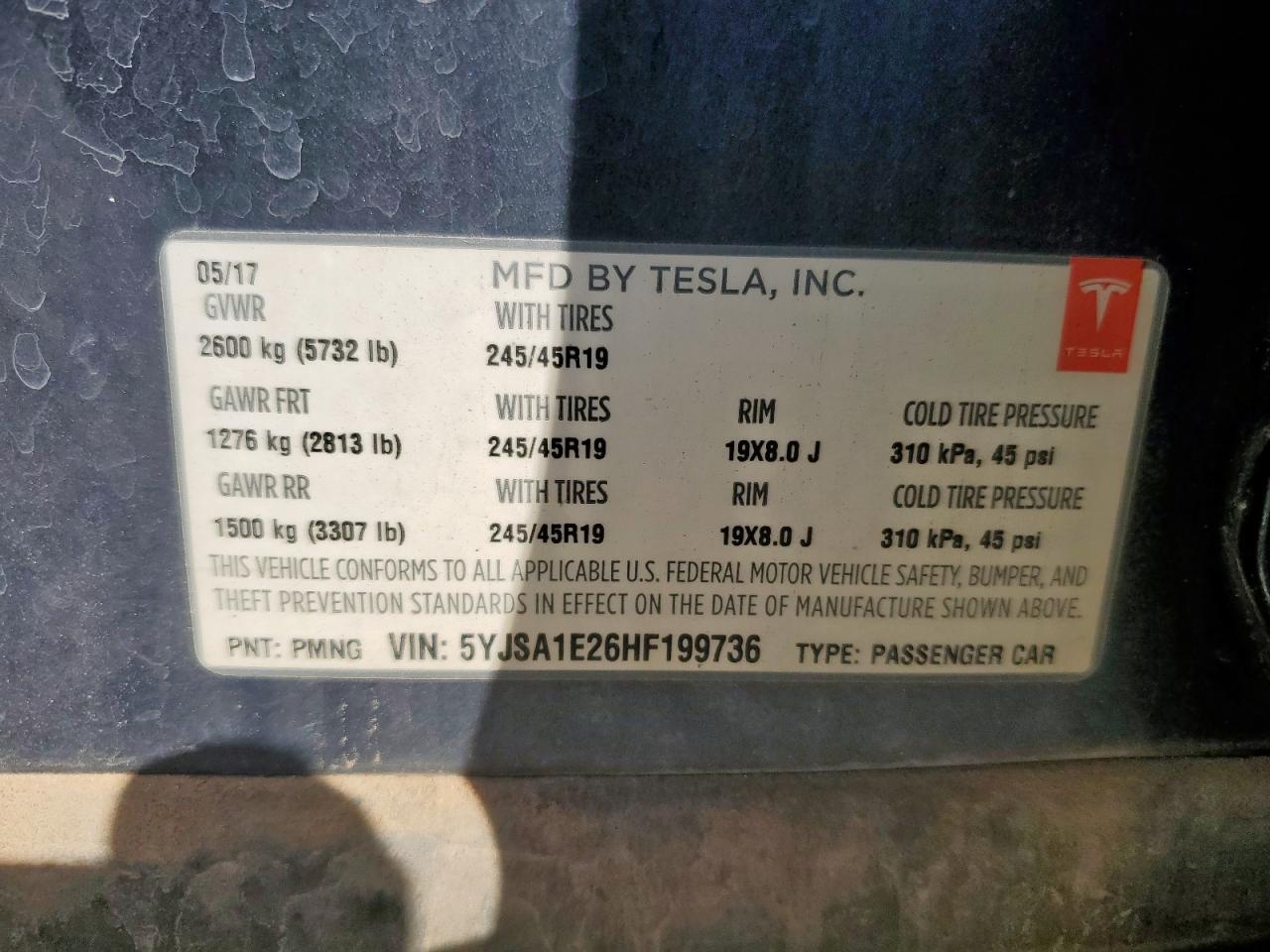 2017 Tesla Model S VIN: 5YJSA1E26HF199736 Lot: 80359515