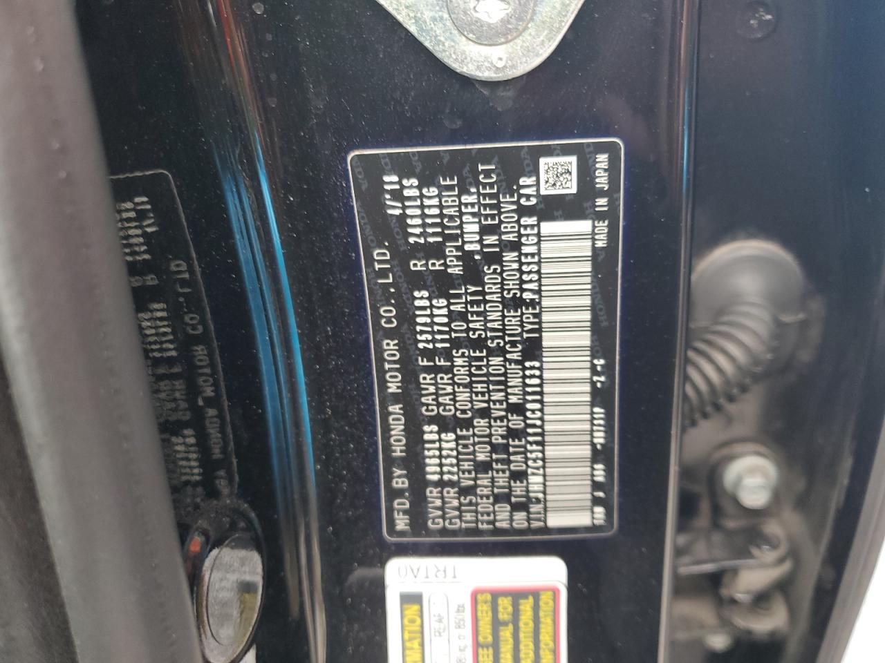 2018 Honda Clarity VIN: JHMZC5F11JC011633 Lot: 81209265