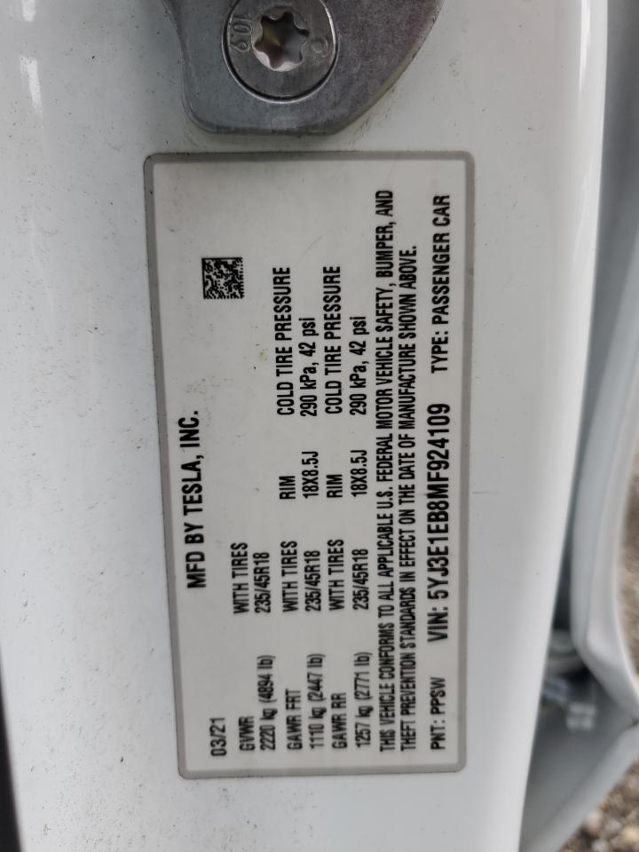 2021 Tesla Model 3 VIN: 5YJ3E1EB8MF924109 Lot: 84363675