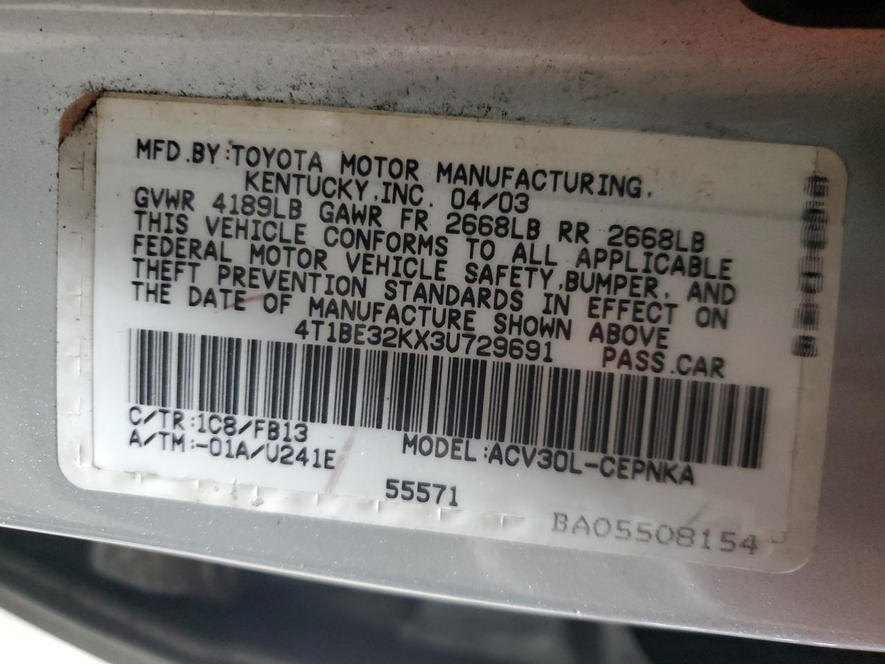 2003 Toyota Camry Le VIN: 4T1BE32KX3U729691 Lot: 84183735