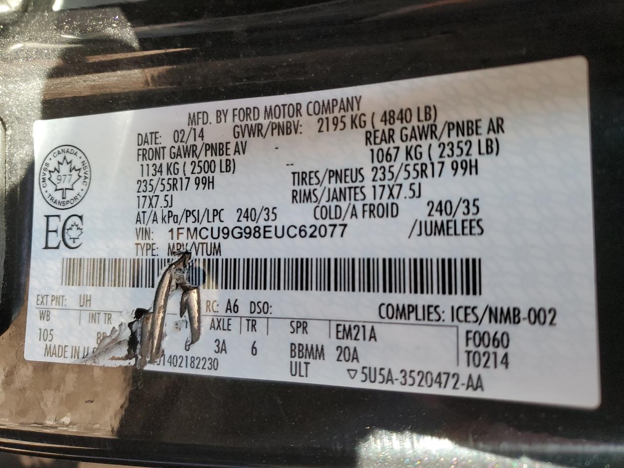 2014 Ford Escape Se VIN: 1FMCU9G98EUC62077 Lot: 71009415