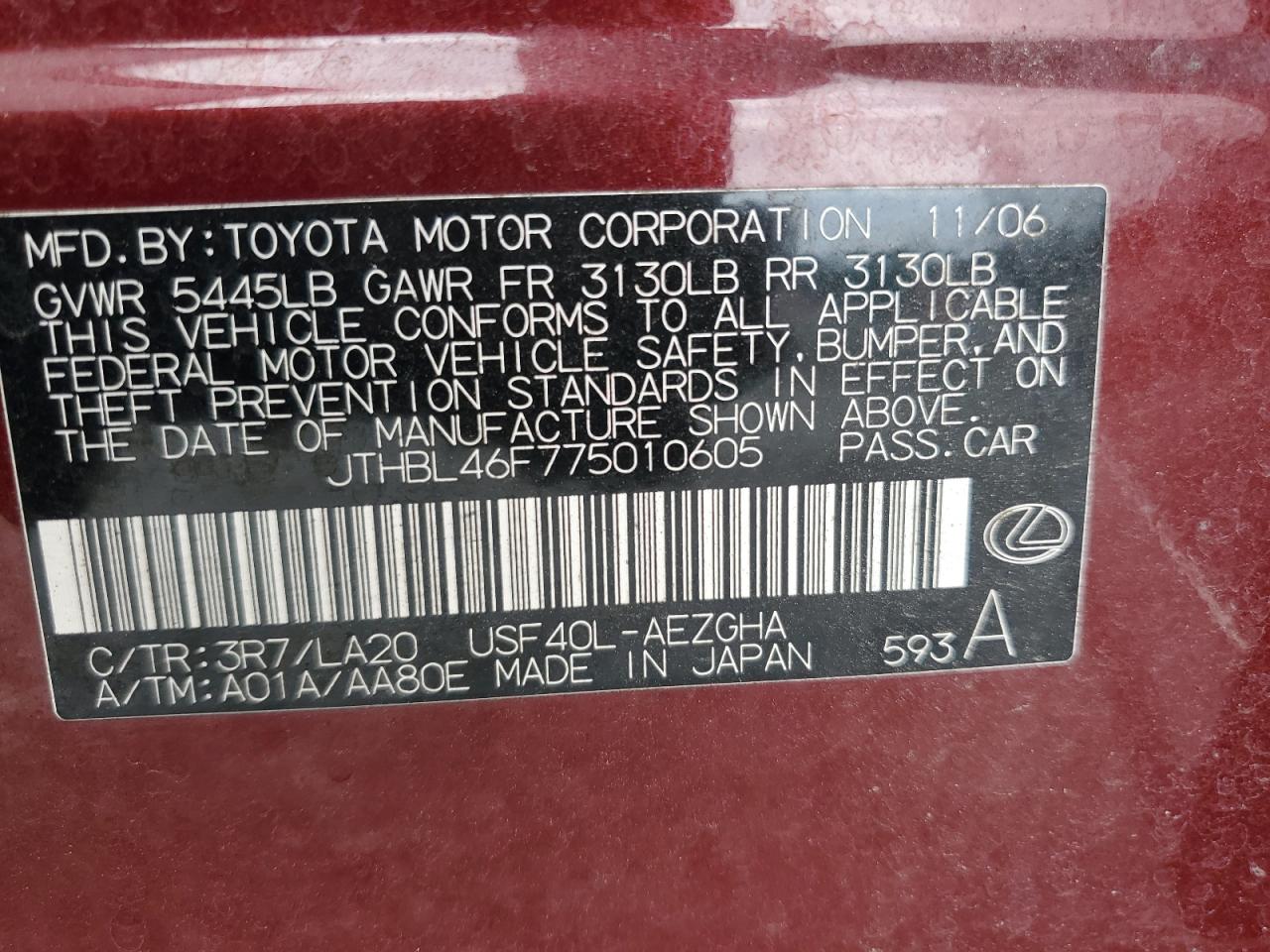 2007 Lexus Ls 460 VIN: JTHBL46F775010605 Lot: 81363985