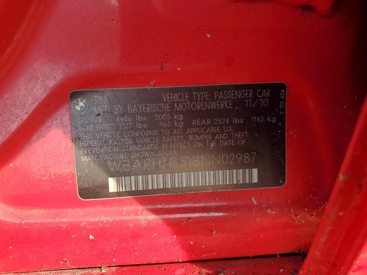 2011 BMW 328 I VIN: WBAPH7G51BNN02987 Lot: 83956755