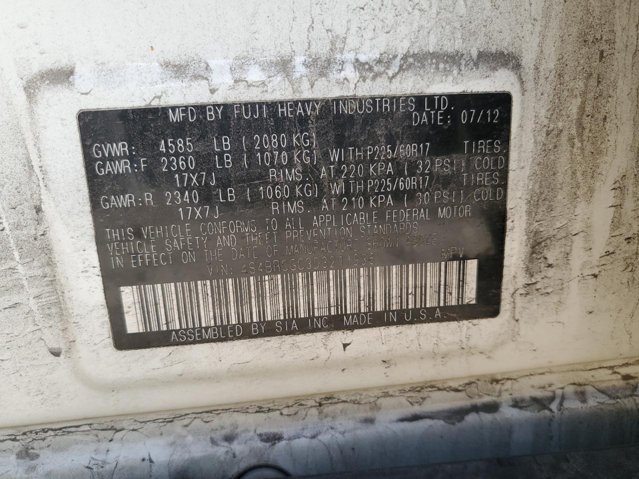 2013 Subaru Outback 2.5I Premium VIN: 4S4BRCGC3D3211936 Lot: 81929185