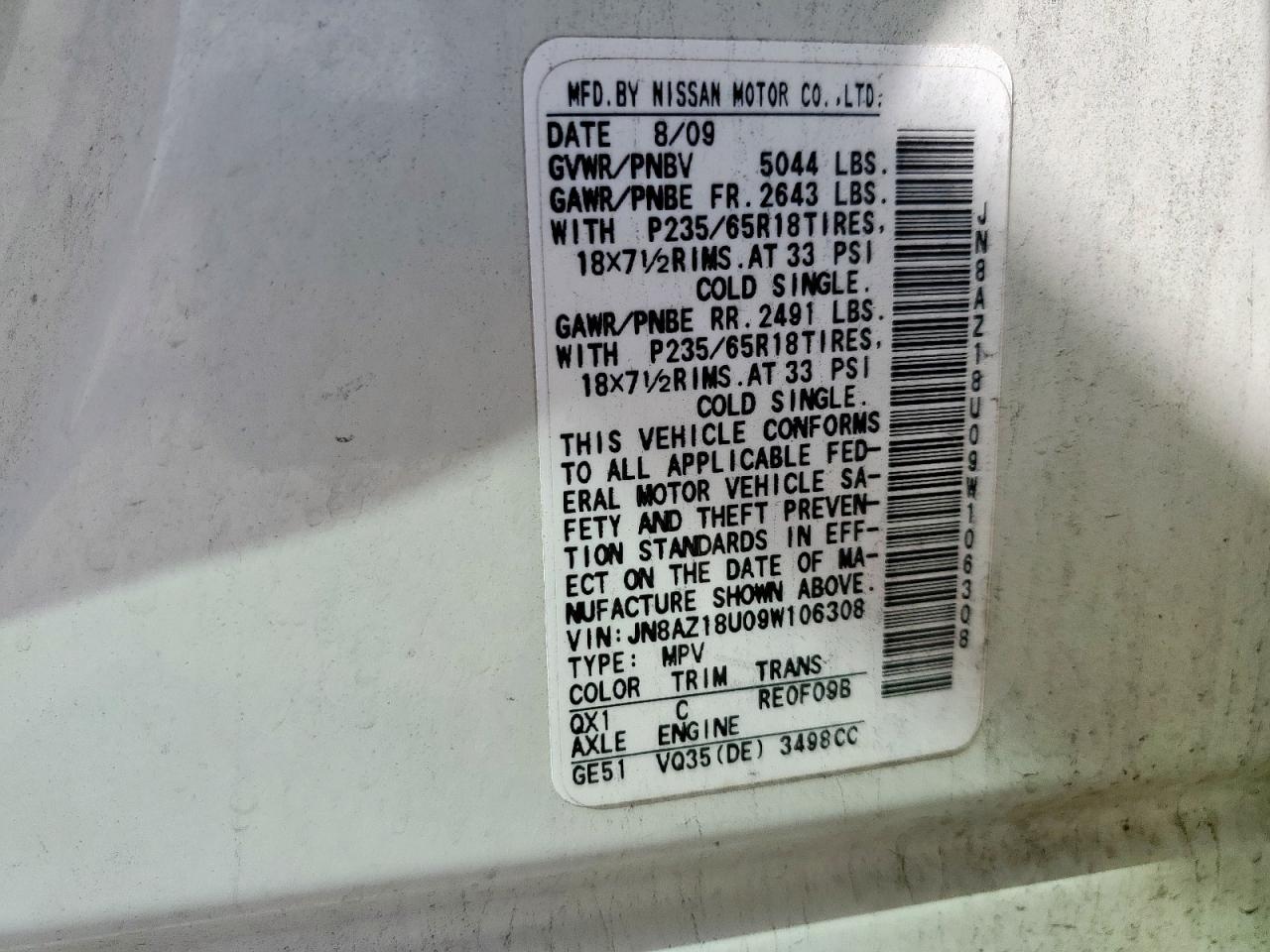 2009 Nissan Murano S VIN: JN8AZ18U09W106308 Lot: 84217735