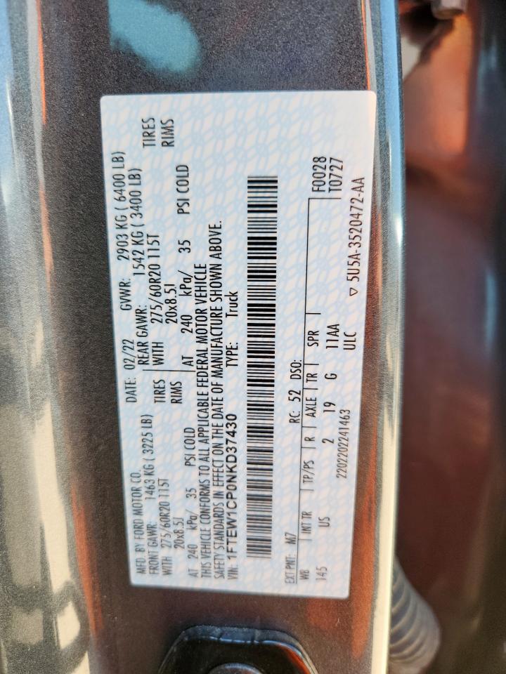 2022 Ford F150 Supercrew VIN: 1FTEW1CP0NKD37430 Lot: 71713395