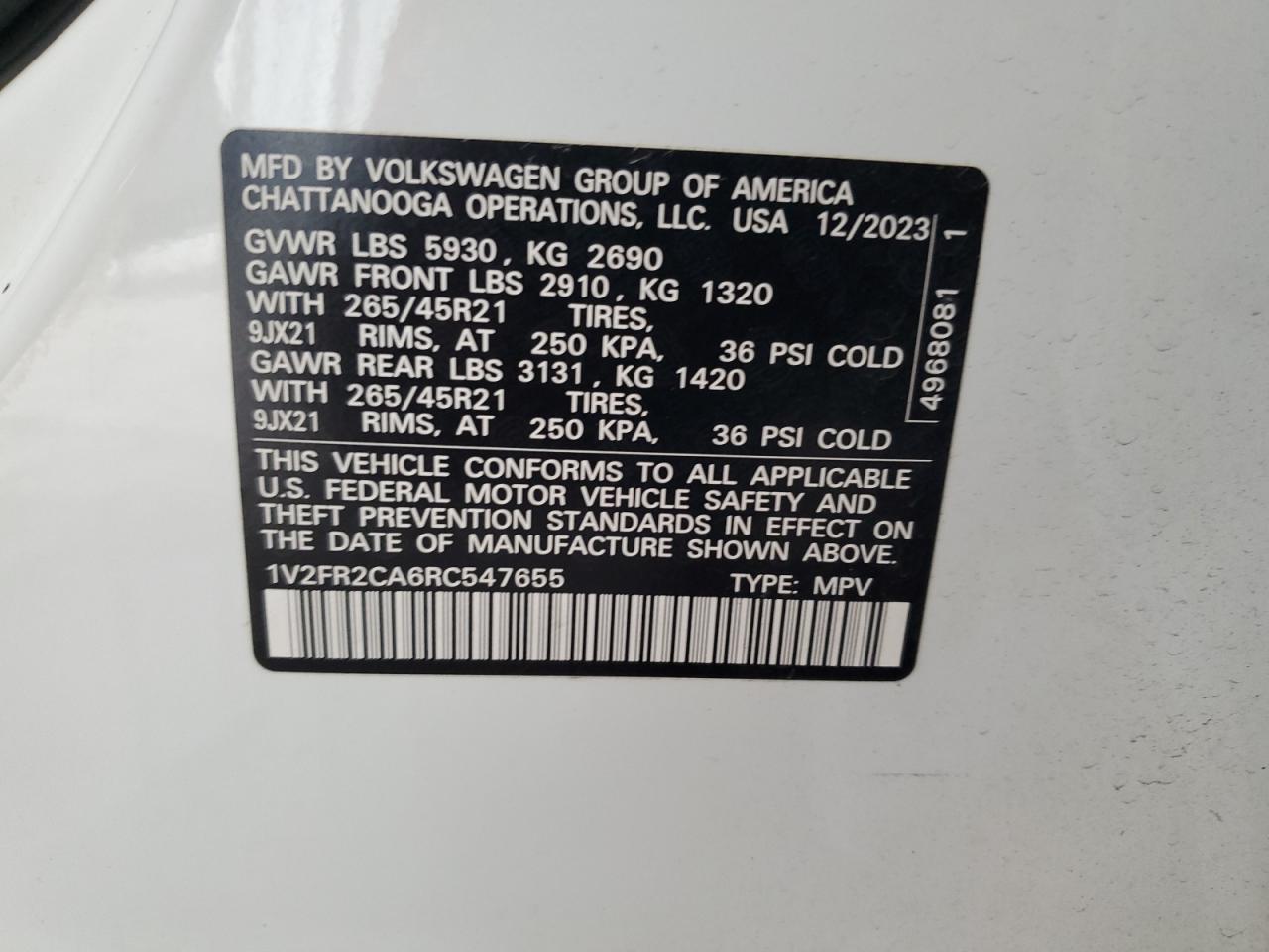 2024 Volkswagen Atlas Sel Premium R-Line VIN: 1V2FR2CA6RC547655 Lot: 82044035