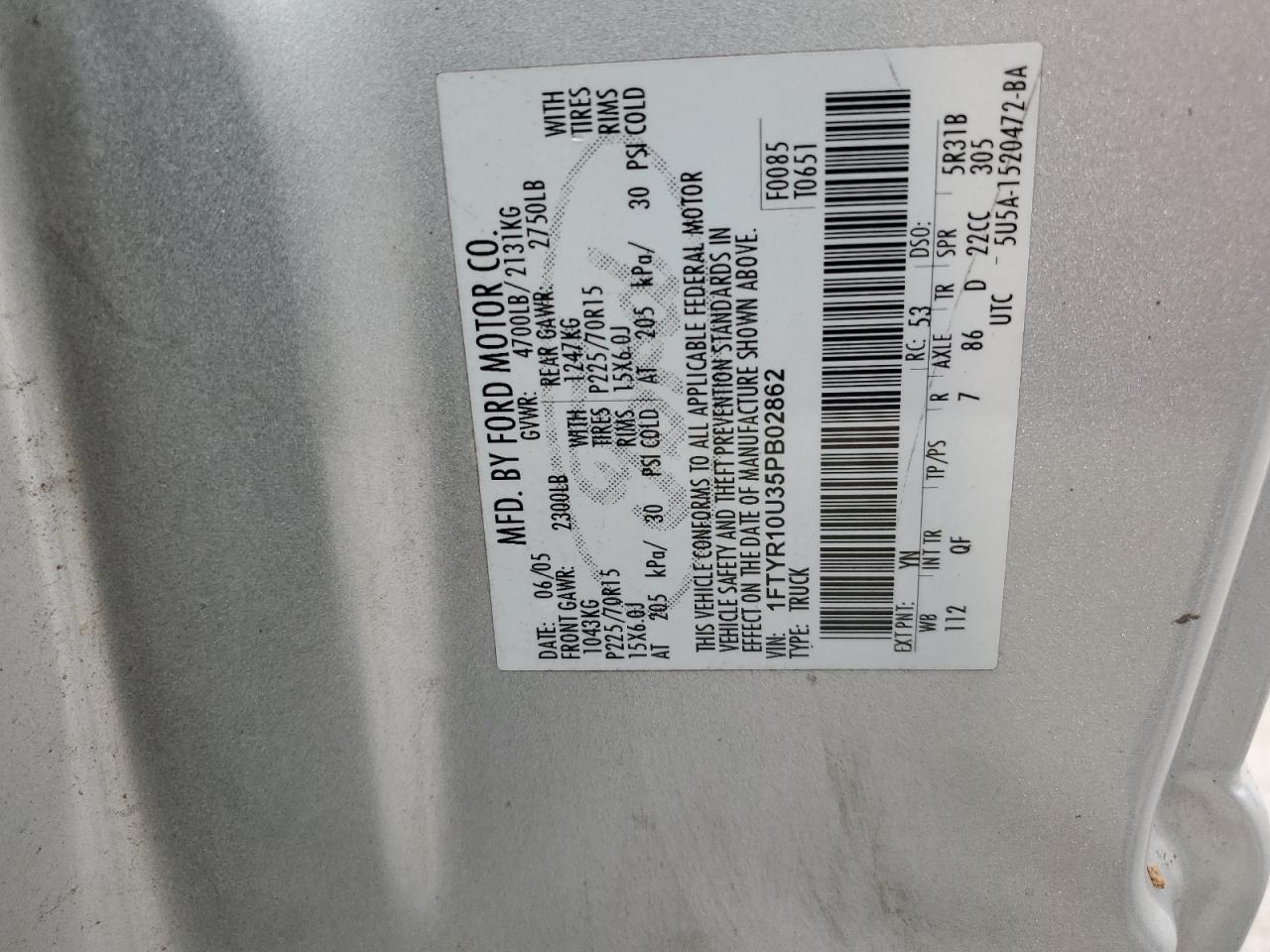 2005 Ford Ranger VIN: 1FTYR10U35PB02862 Lot: 71820505