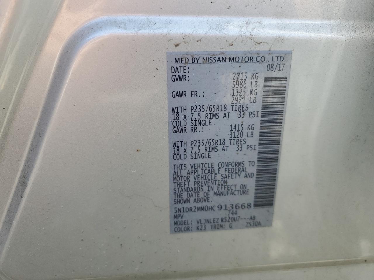 2017 Nissan Pathfinder S VIN: 5N1DR2MM0HC913668 Lot: 71832595