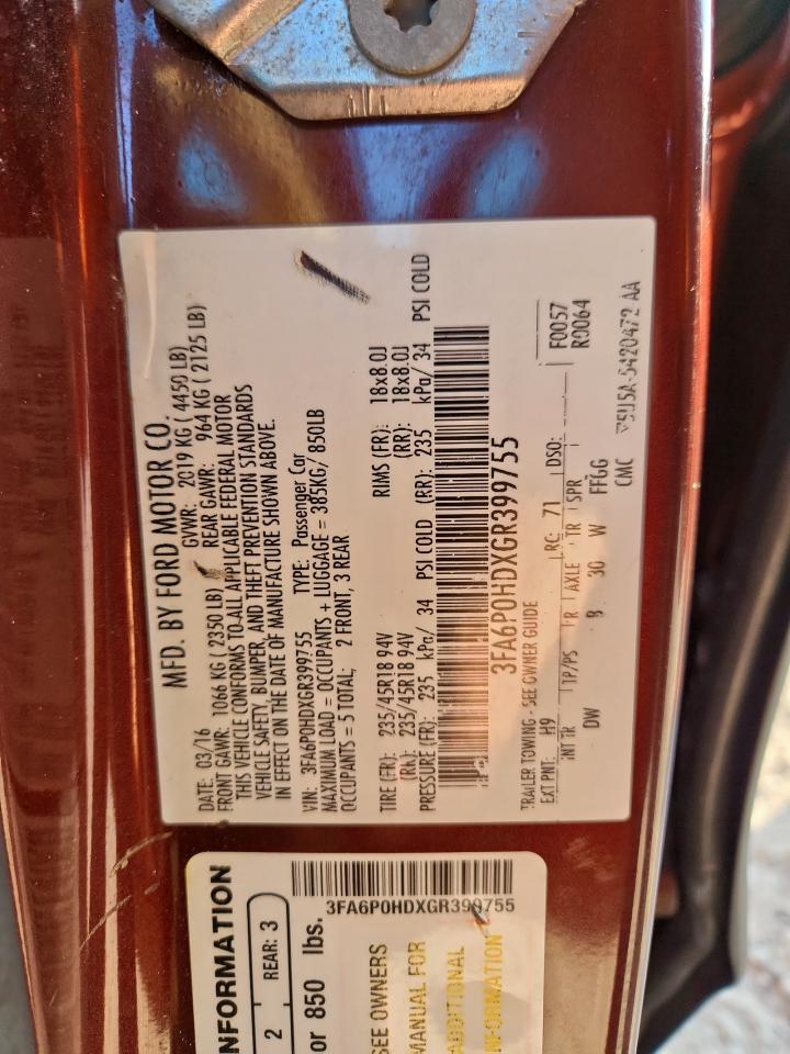 2016 Ford Fusion Se VIN: 3FA6P0HDXGR399755 Lot: 80573865