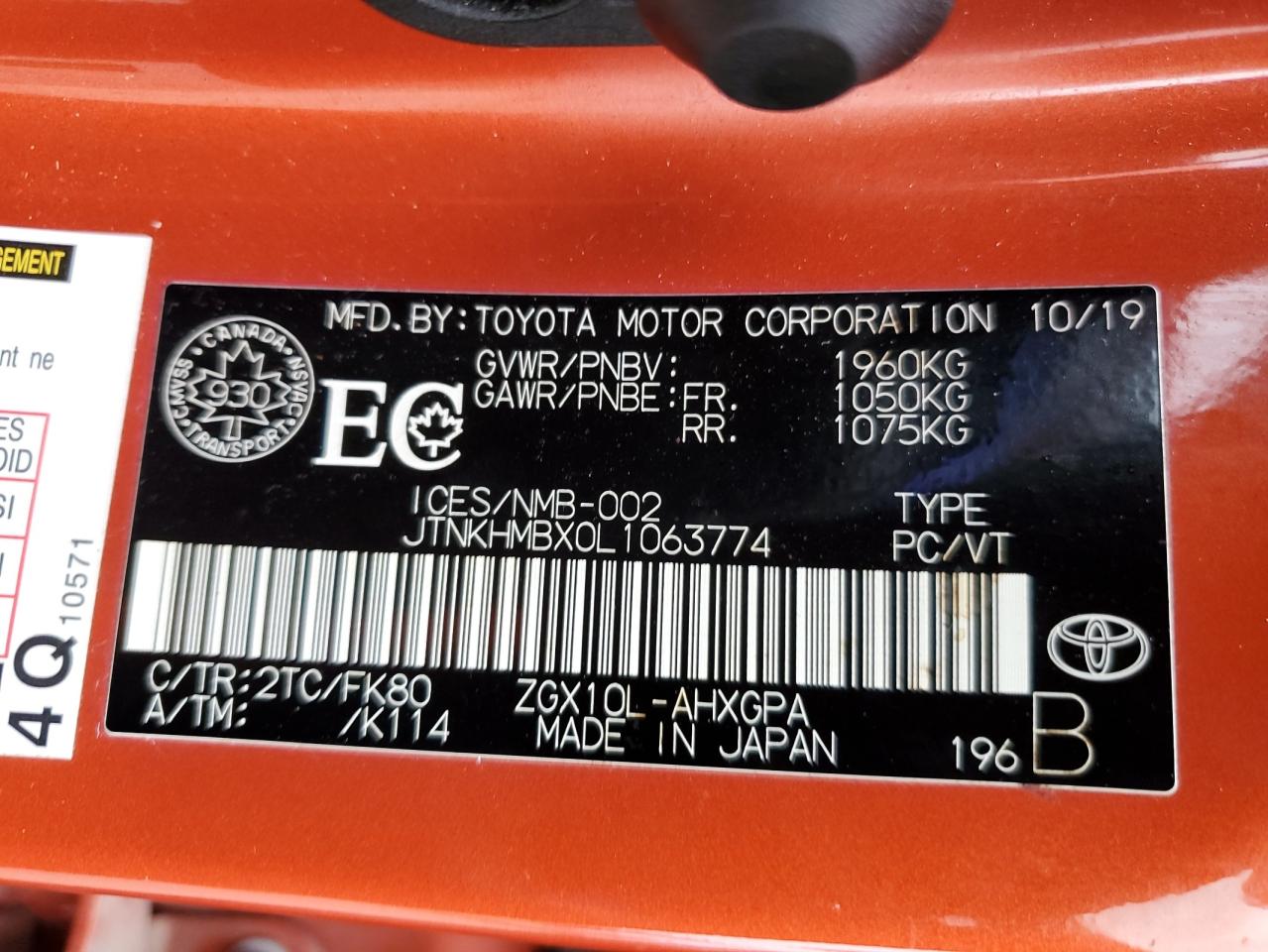 2020 Toyota C-Hr Xle VIN: JTNKHMBX0L1063774 Lot: 81641075