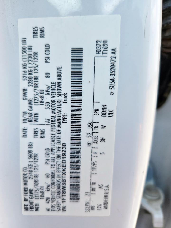 2019 Ford Super Duty F-350 W/S VIN: 1FT8W3BTXKED19230 Lot: 84266235