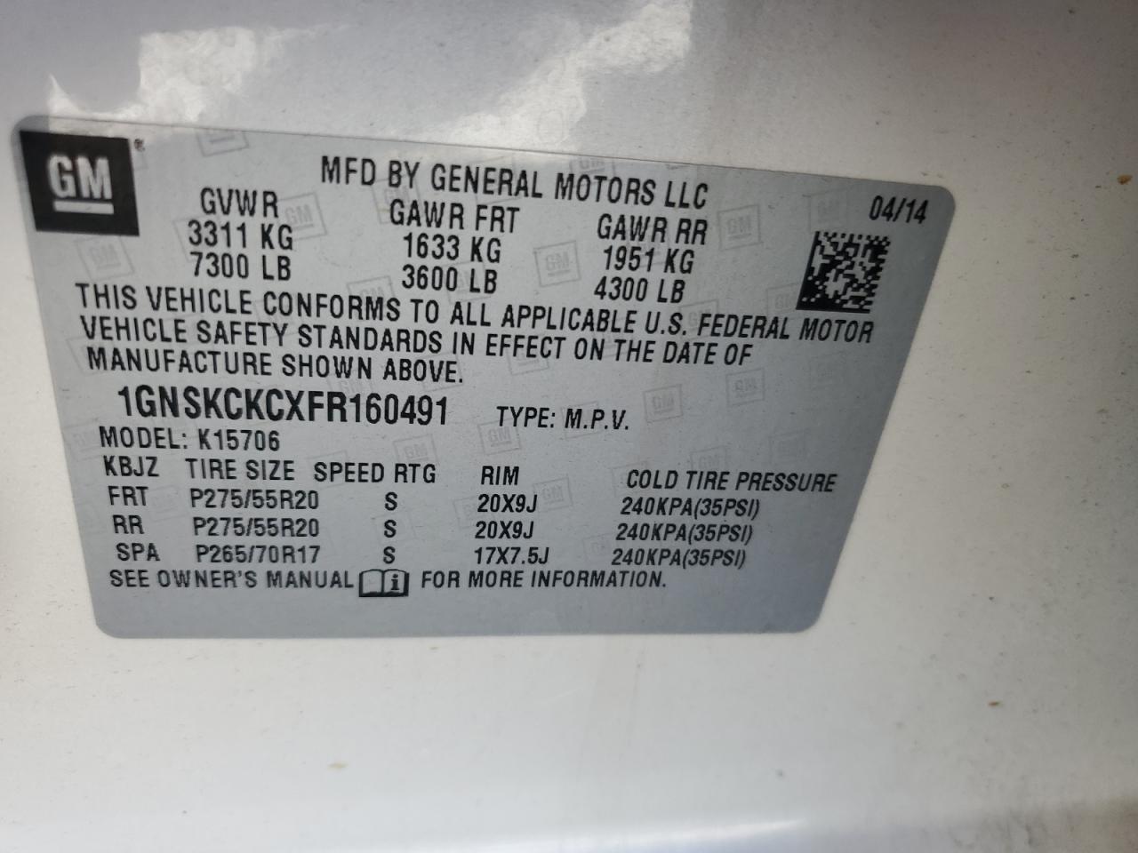 2015 Chevrolet Tahoe K1500 Ltz VIN: 1GNSKCKCXFR160491 Lot: 82086965